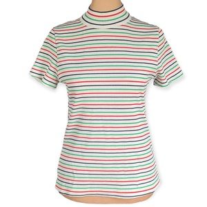 Vintage 70s Ribbed Mock Neck Short Sleeve Striped Shirt size women’s large L
